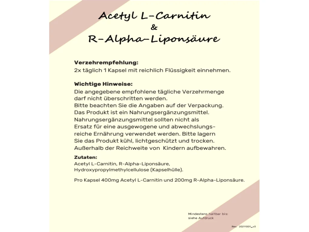 Acetyl L-Carnitin + R-Alpha-Liponsäure - 60 Kapseln
